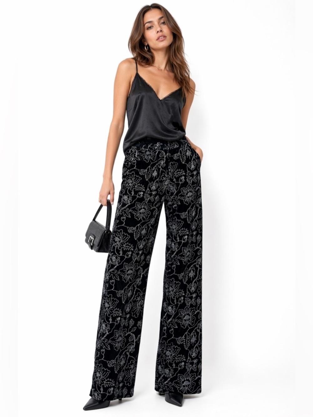 The Kooples Black Velvet Embroidered Wide Leg Pants Size 8 NWT